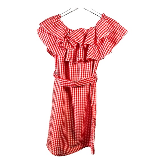 Italia Moda Gingham Ruffle Off Shoulder Dress Red White Size L - Picture 3 of 10